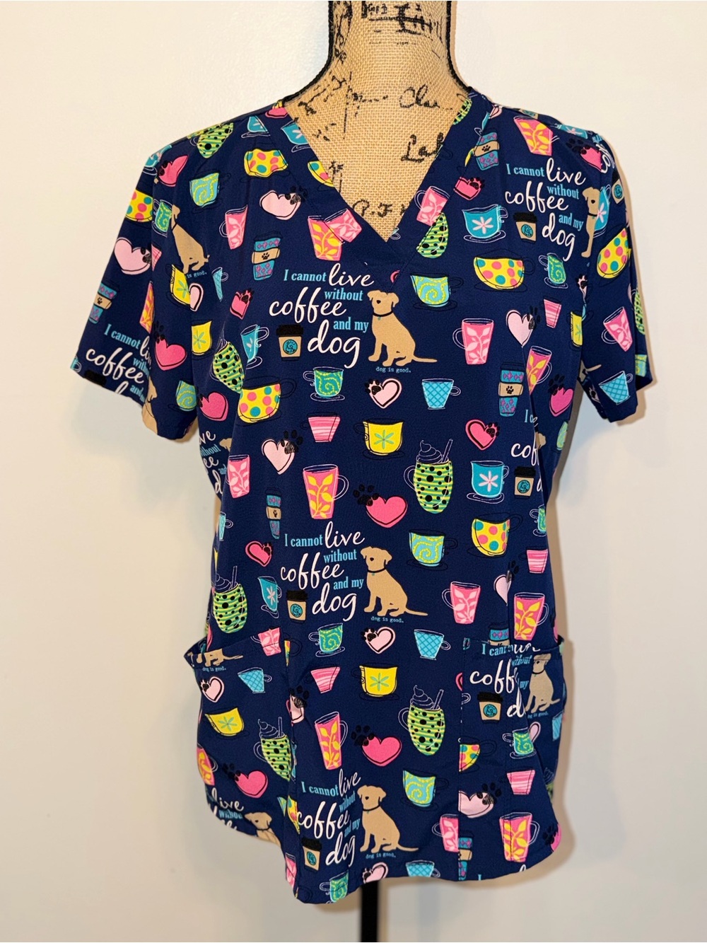 Dog is Good x Cherokee Women’s Scrub Top Medium Coffee & Dog Print V-Neck
